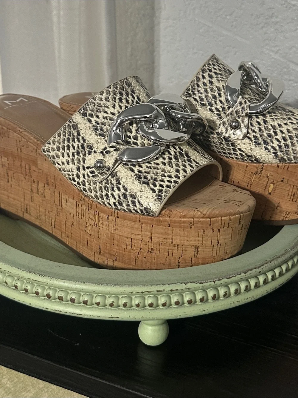 Marc Fisher Womens Snake-Print Cork Platform Slide with Silver Chain “Vaneda”